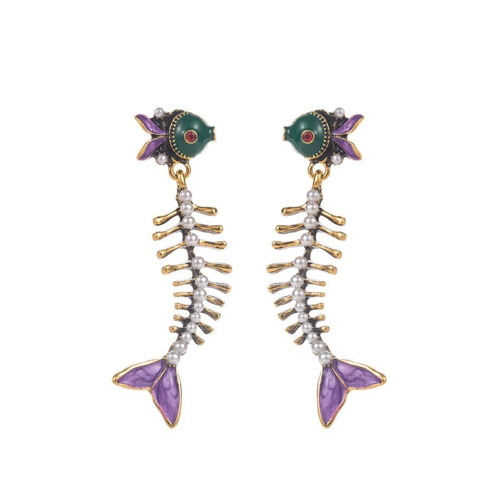 Orecchini Pendenti Creativi a Lisca di Pesce Smaltata Charms Pesce Orecchini a Lobo Geometrici in Metallo Orecchini Pendenti Bohemien Retrò Smalto Colato Regalo