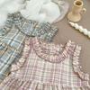 Girls Summer Plaid Sleeveless Top and Wide Leg Pants Set with Ruffle Trim
