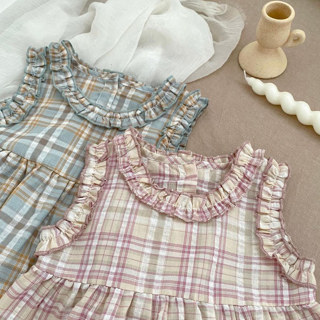 Girls Summer Plaid Sleeveless Top and Wide Leg Pants Set with Ruffle Trim