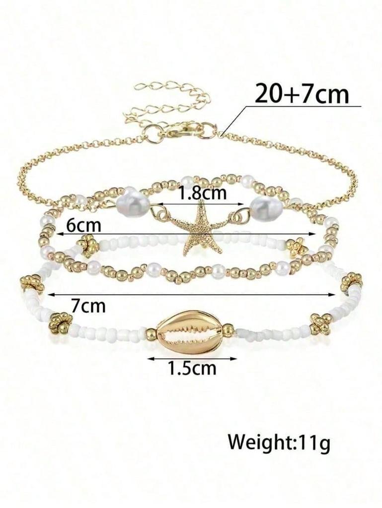 Summer Beach Style Starfish & Shell Beaded Bracelet Set For Women