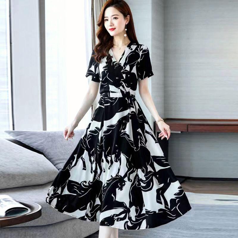 

Fashionable Luxury Plus Size Ladies Slim Looking Belly-Covering Dress Summer Clothes Black XL