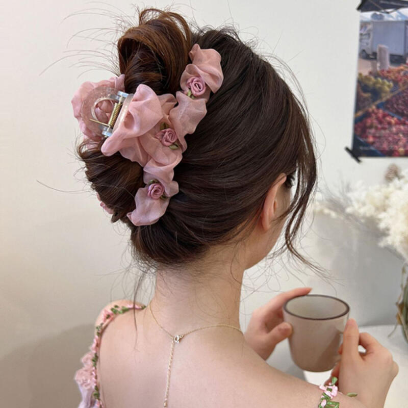 

Labella Chiffon Rose Half-Up Hair Bun with Hair Clip pink