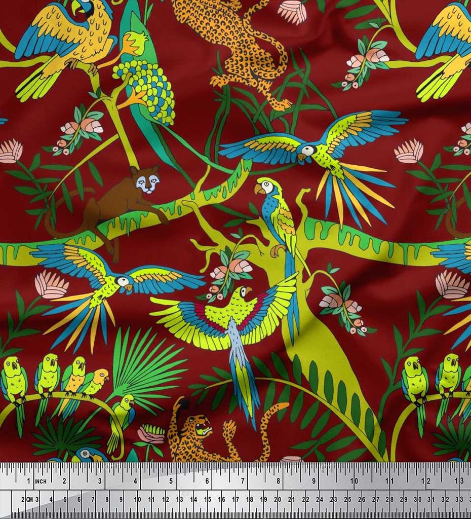 Soimoi Japan Crepe Satin Fabric Branches,Parrot & Leopard Jungle Print Fabric by the metre 42 Inch