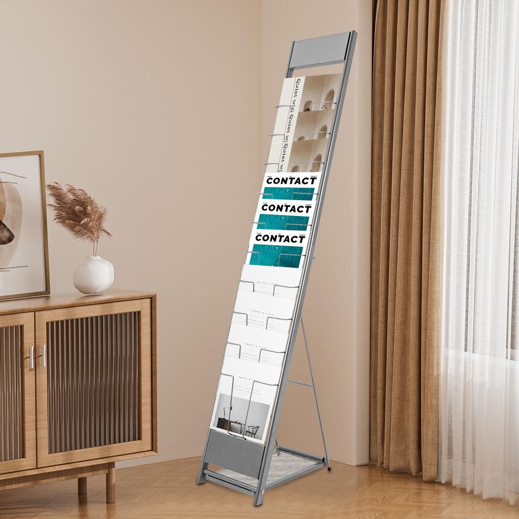 10-Tier Iron Magazine Rack Floor-Standing Heavy-Duty Literature Display Stand 110LBS Load-Bearing Foldable for Office/Bookstore