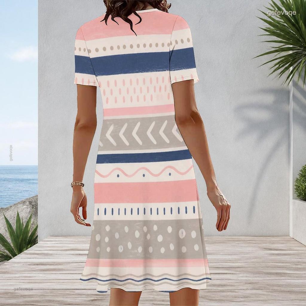 Women Plus Size Round Neck Short Sleeve Printed A Line Midi Dress