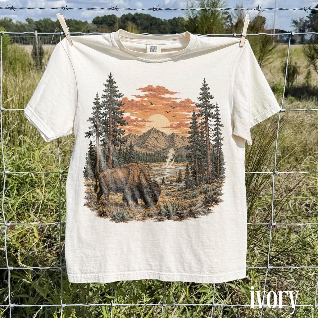 Old School Bison Mountain Sunset Graphic Tee, Western Wildlife Shirt, Rustic Wilderness Top, Comfort Colors® Buffalo Gift Tee