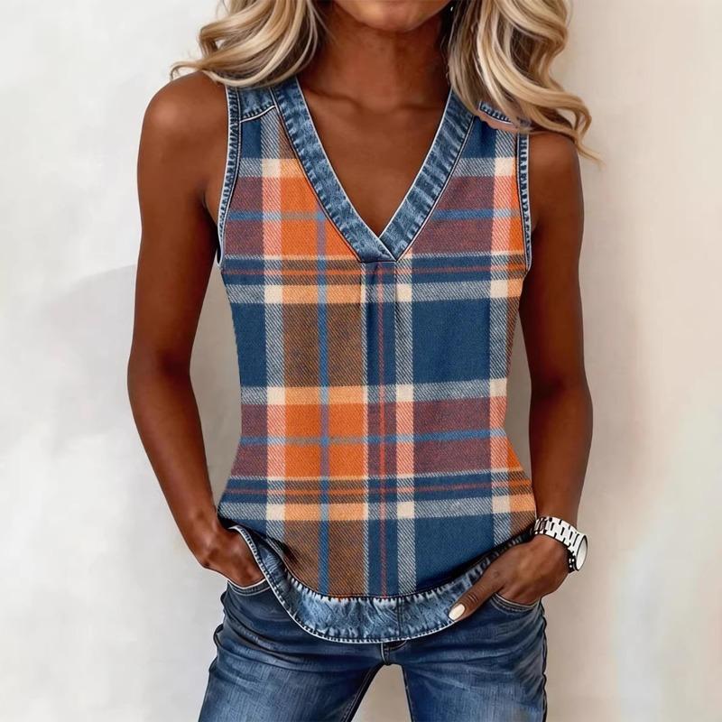 

Women s Plaid Patchwork Denim Top Loose Fit XXL помаранчевий