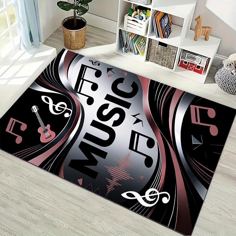 Modern Metallic Music Note Guitar Print Area Rug Non‑Slip Rectangular Floor Mat Music Lover Home Decor for Gaming Room Living Bedroom