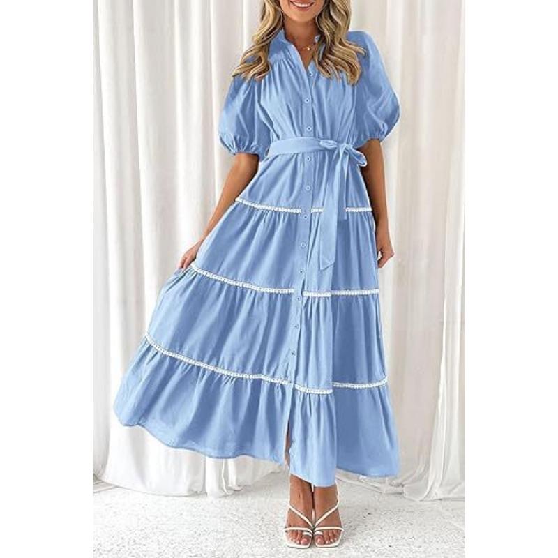 Elegantes Damen-Hemdkleid mit Rüschen in Übergröße, lockerer, plissierter Verband, Puffärmel, kurze Ärmel, Sommerkleid mit Knöpfen, modische Party-Prinzessinnenkleider 1078