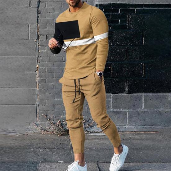 2Pcs/Set O-neck Long Sleeve Mid-rise Elastic Waistband Pockets Men Outfit Spring Autumn