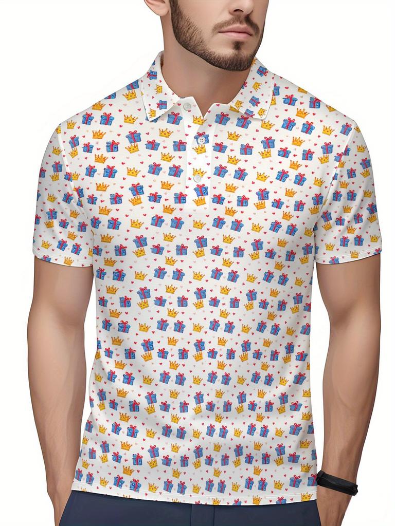 Men's Short Sleeve Polo Shirt with Flat Digital Print Pattern - No Texture