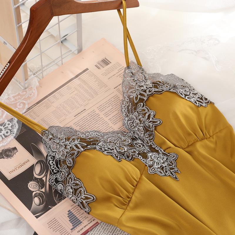 Sexy Ice Silk Sling Nightdress With Chest Pad Pajamas Ladies Silk Nightwear