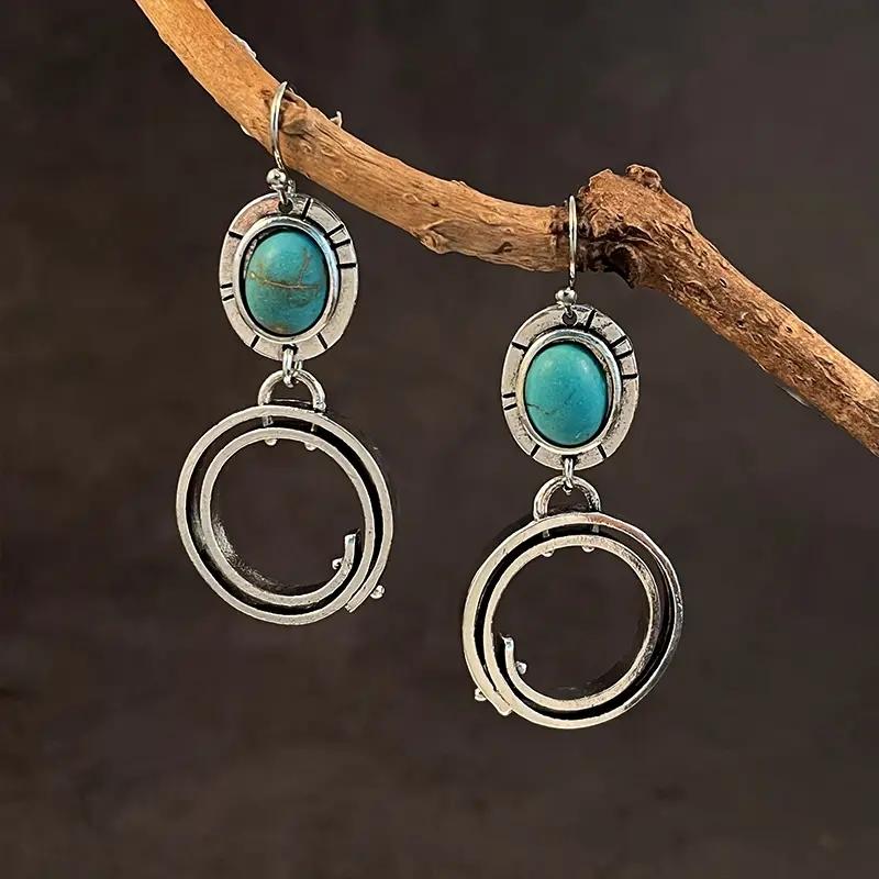 Vintage Bohemian Style Tibetan Silver Geometric Pendant Women's Ethnic Blue Pendant Earrings Jewelry