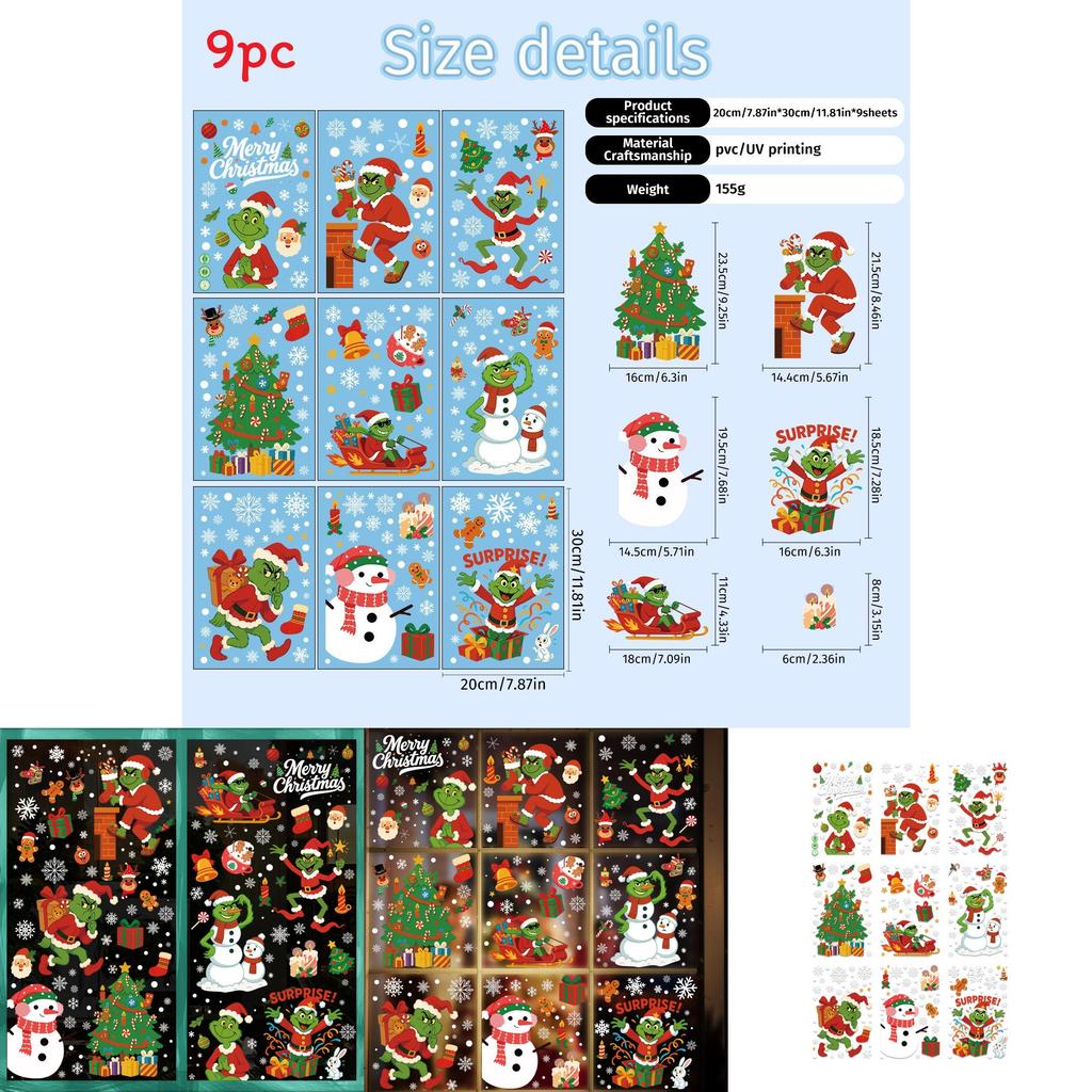 Grinch Christmas Static Cling Snowflake Stickers Set For Holiday Decor With Pvc Material