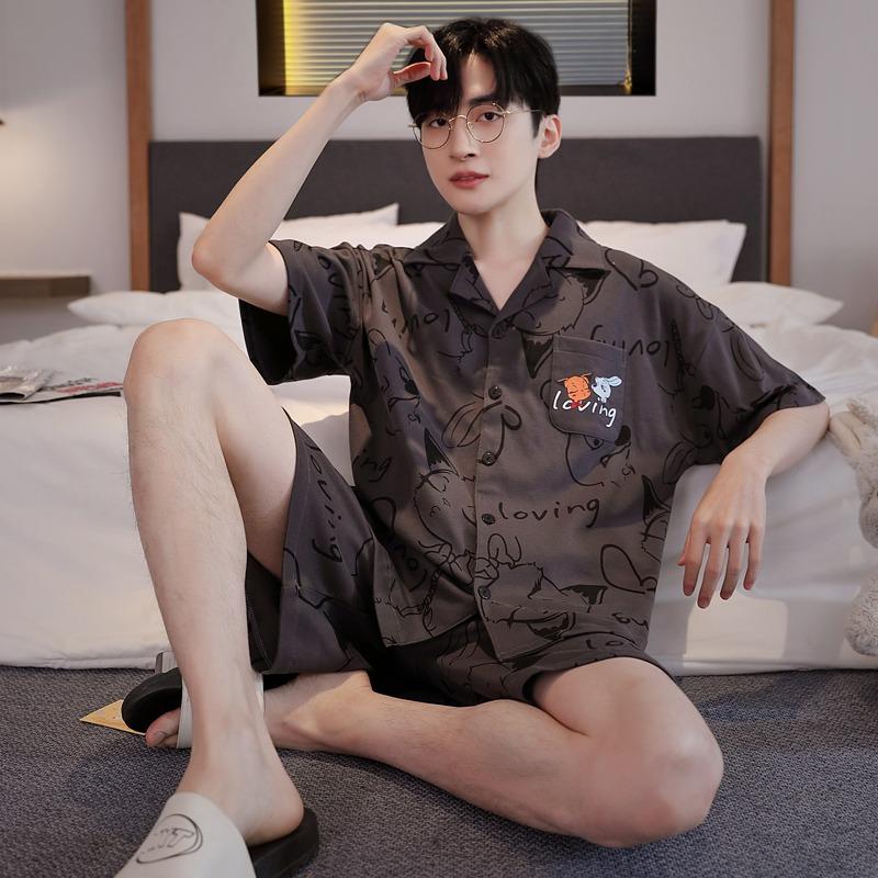 Herren Baumwoll-Cardigan Homewear Mode Nachtwäsche Kurze Ärmel Shorts Pyjama-Set Loungewear