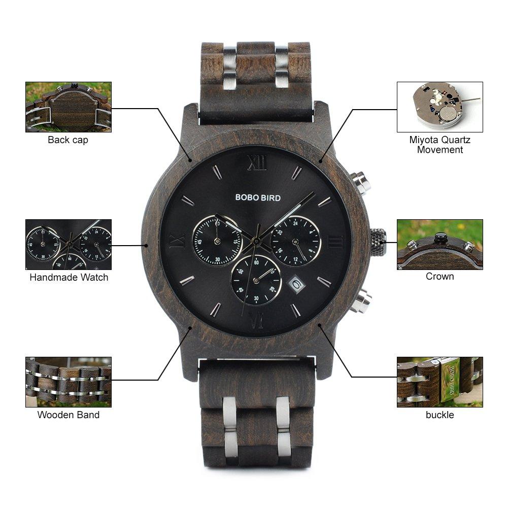 BOBO Bird Men's Wooden Watch with Luxury Wood and Metal Strap, Chronograph, Date Display, Quartz Movement, Versatile Men's Watch, Medium Size, Black