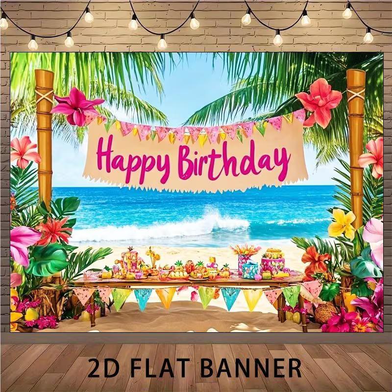 2D Luau Party Backdrop, Tropical Beach and Flowers for Kids Birthday Photoshoot