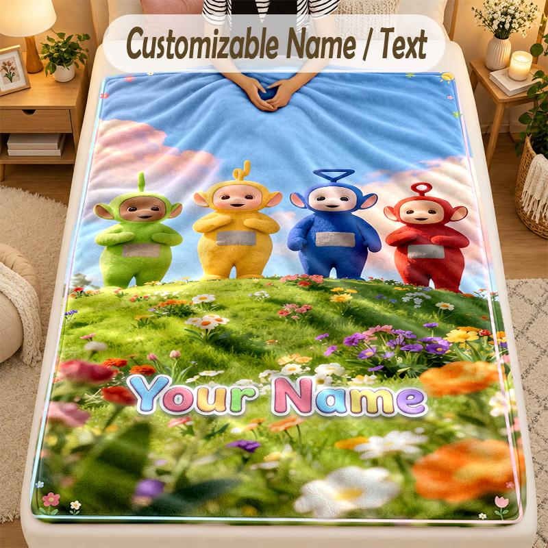 Flannel BlanketTeletubbies Custom Name Text Personalized Soft Warm Throw Blanket Home Decor Gift