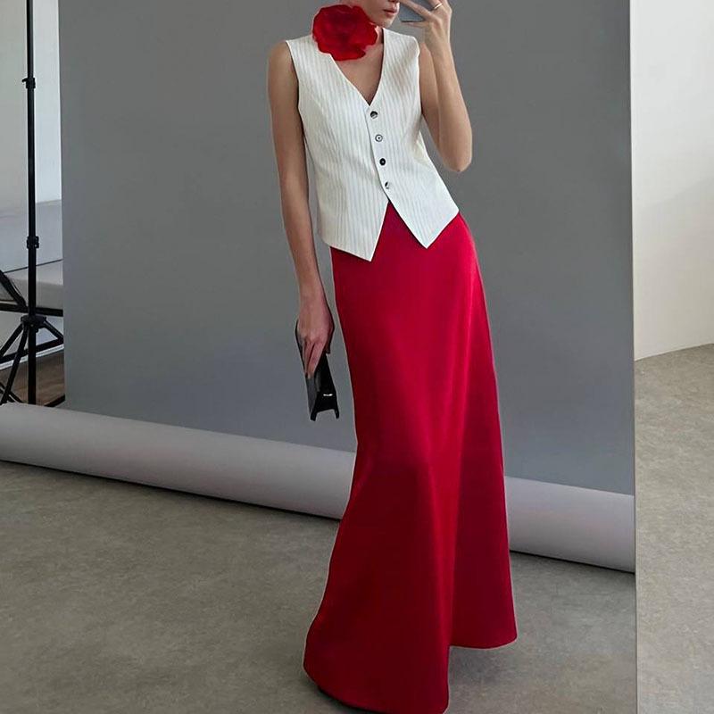 European & American Style Satin Long Skirt: Silky, High-Waist, Slim Fit, Summer Design for Elegant Wear.