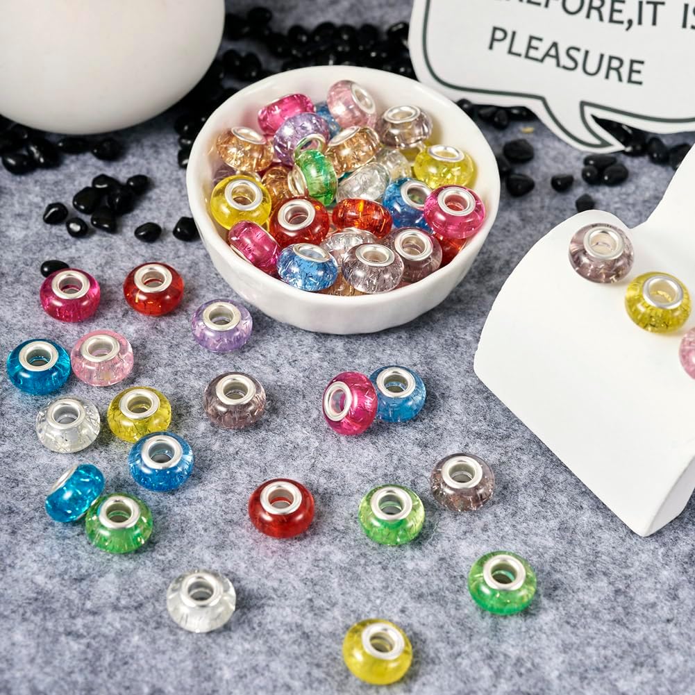 KISSITTY 66Pcs Assortment European Resin Beads Glitter Large Hole Bead Mixed Colors Platinum Cores Rondelle Mixed Color Spacer Beads for Jewelry