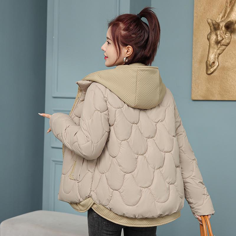 Women's Winter Down Cotton Jacket: Fake Two-Piece Style, Petite, Short, Loose Fit, Korean-Inspired, Bread Coat Design