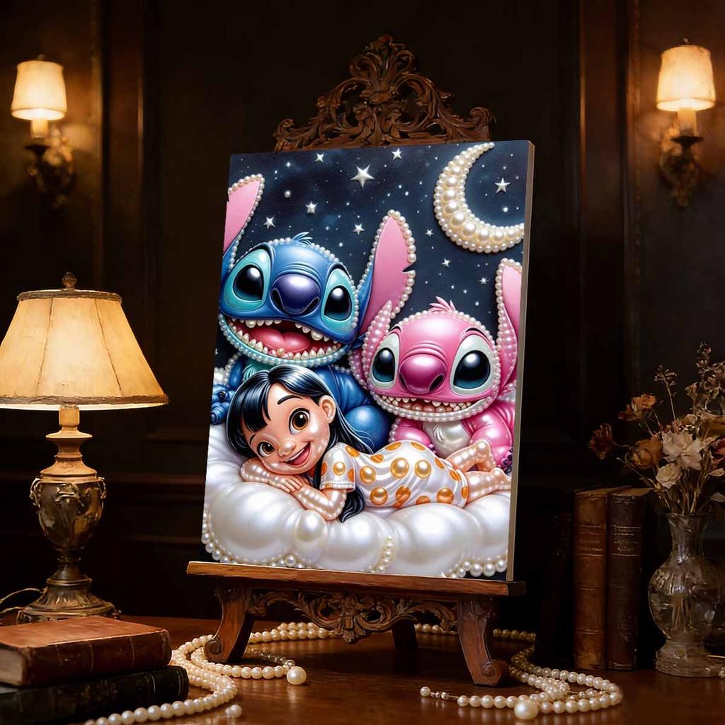 Starry Cloud Lilo, Stitch & Angel New Pearl-Inlaid Frameless Art | Handmade Pearl Craft, Starry Moon Cloud Theme, for Cute Dopamine Decor