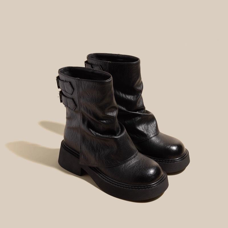 Leather Inner Heightening Martin Boots Women's Retro Short Boots Spring and Autumn Single Boots New Thick-soled Trousers Western Martin Boots