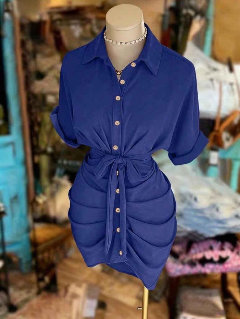 Elegant European & American Style Lace-up Shirt Dress with Adjustable Lapel and Waist-cinching Design - Fashionable Women's Attire for 2026.