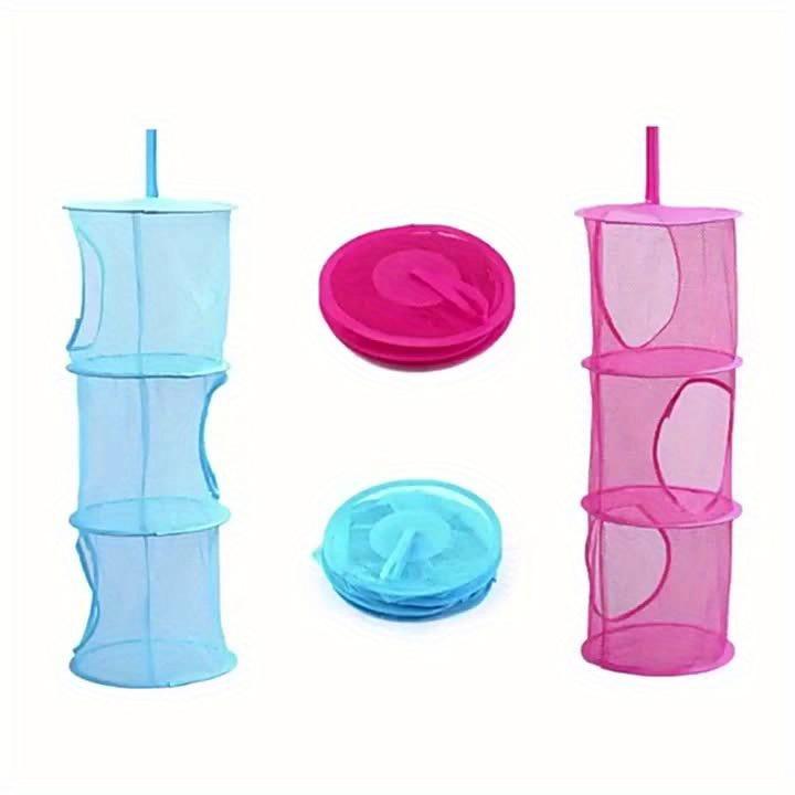 3-tier hanging grid organizer, stackable open cage plush animal storage, multi-purpose cylindrical toy net hammock - hanging bag