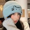 Cute cat embroidery blue knitted women's new sweet and versatile face small warm ear protector wool hat