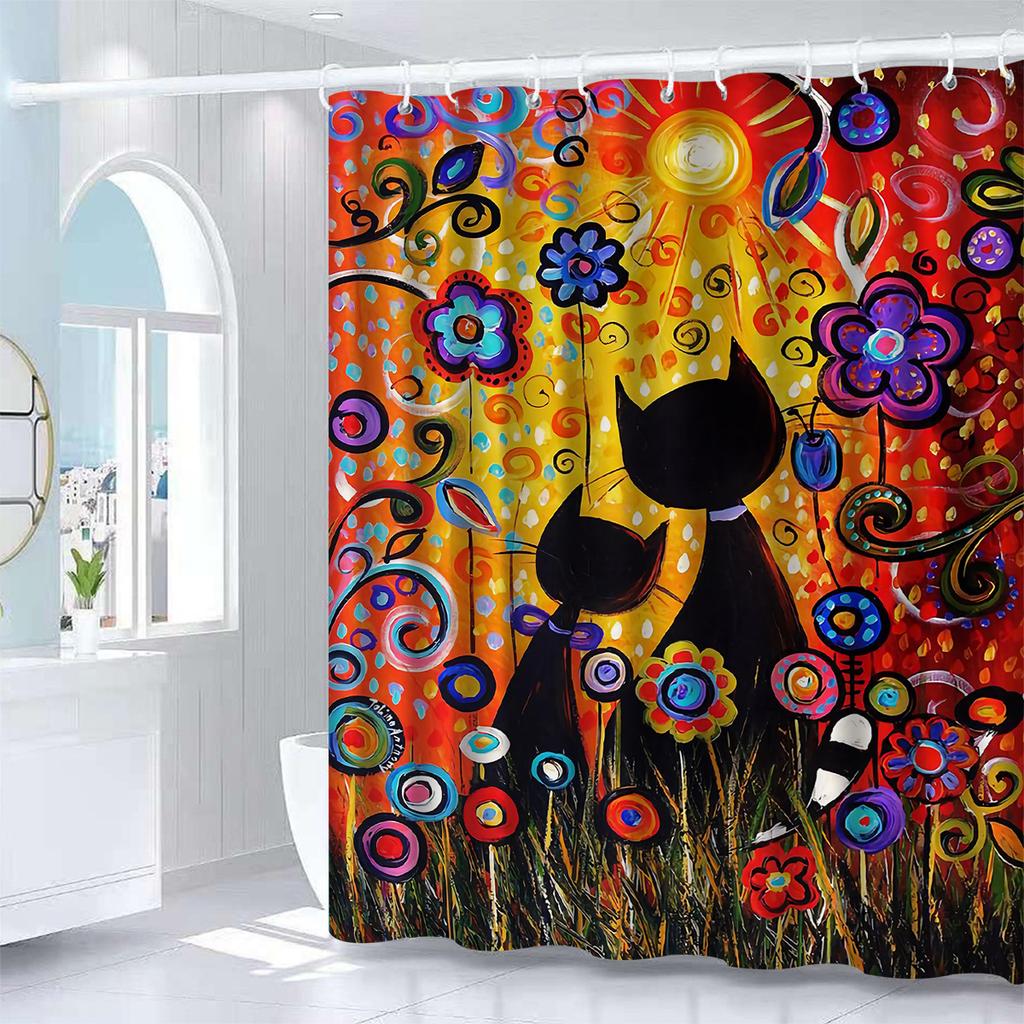 Vibrant Cat and Flowers Waterproof Mildew-Resistant Shower Curtain - Colorful Artistic Design for a Playful Bathroom Décor