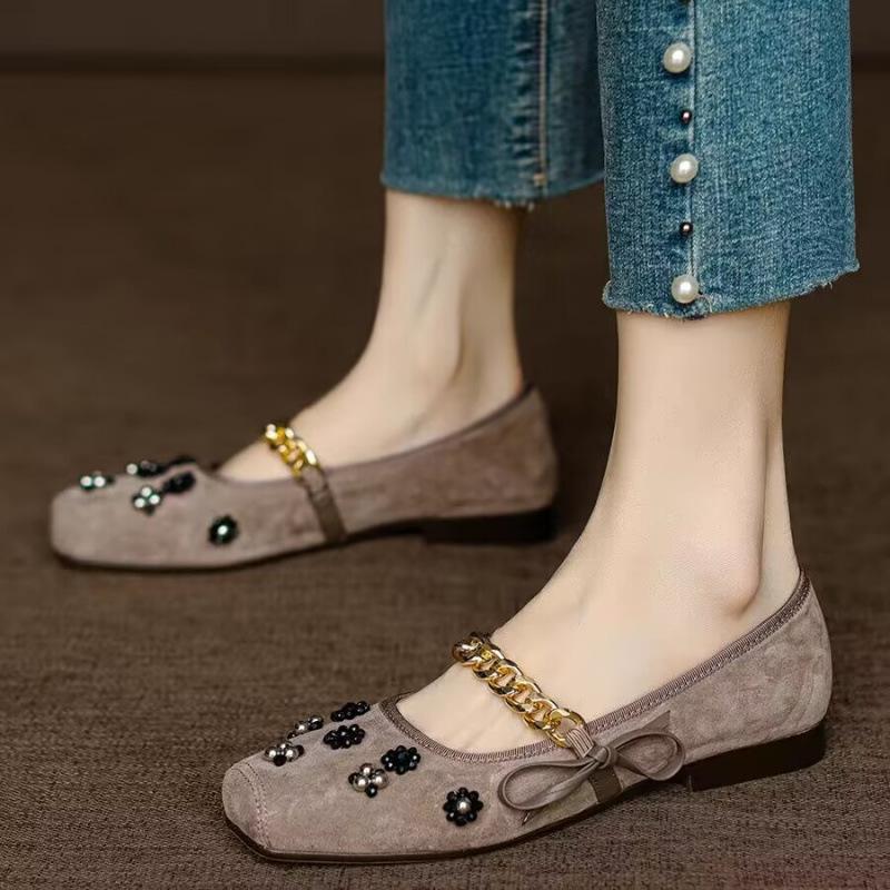 

Handmade shoes~ Super beautiful self-retention~ French pearl square head light mouth single shoes women s spring bow flat Mary Jane shoes 40 абрикосовый