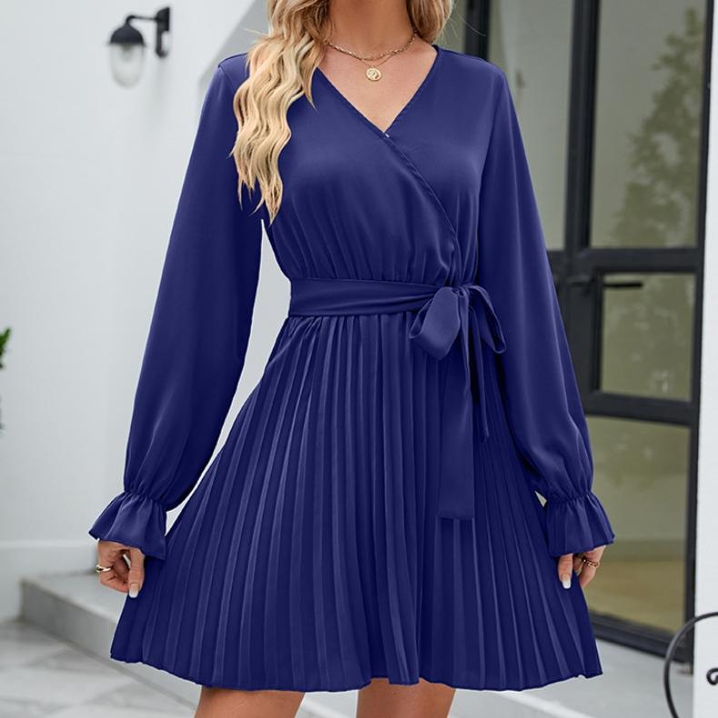 GMXIA Women's Fashion Casual Solid Color Print Summer V-Neck Pleated Skirt Long Sleeve Dress