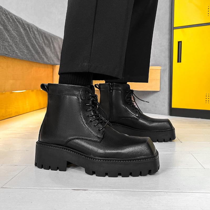 Platform High Top Shoes for Men Black Leather Dress Shoes Japan Korea All-Match Casual Wear-Resistant Footwear Chaussure Homme