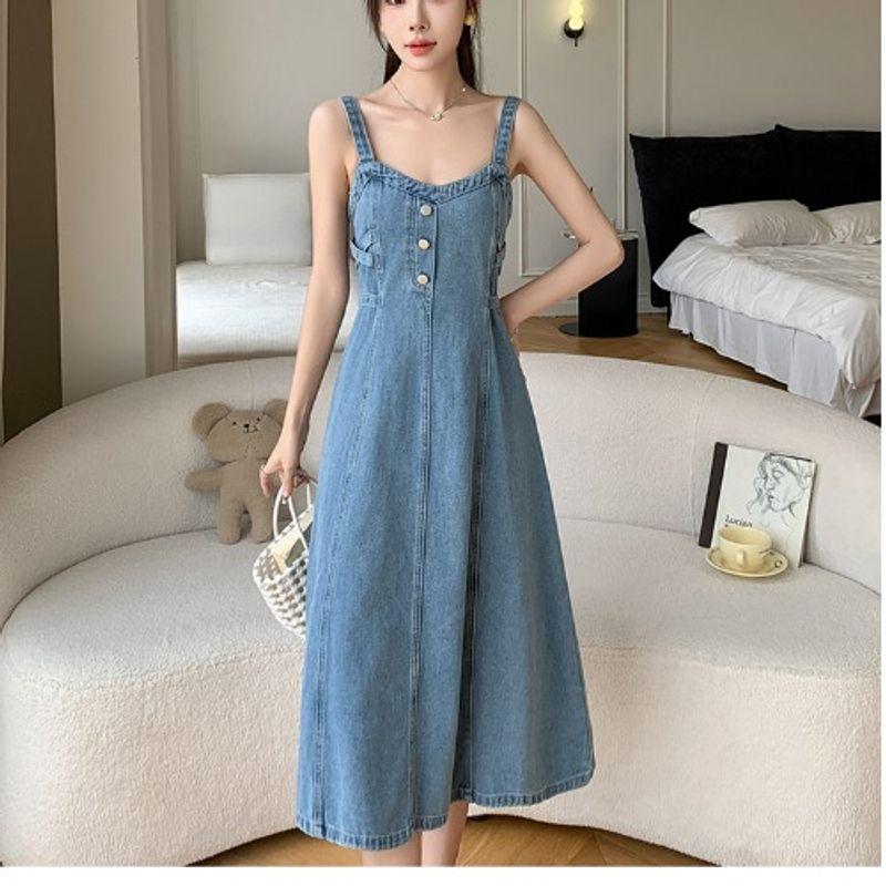 

Sweet plus Size Women s Clothing Chubby Girl Spring/Summer New Arrival Breasted Waist-Tight A- line Mid Length Long Length Denim Brace Dress S-5XL Light Blue 5XL