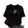 European Black Cotton Short-sleeved T-shirt Women's New Summer Loose Cartoon Printed Front Shoulder T-shirt Top