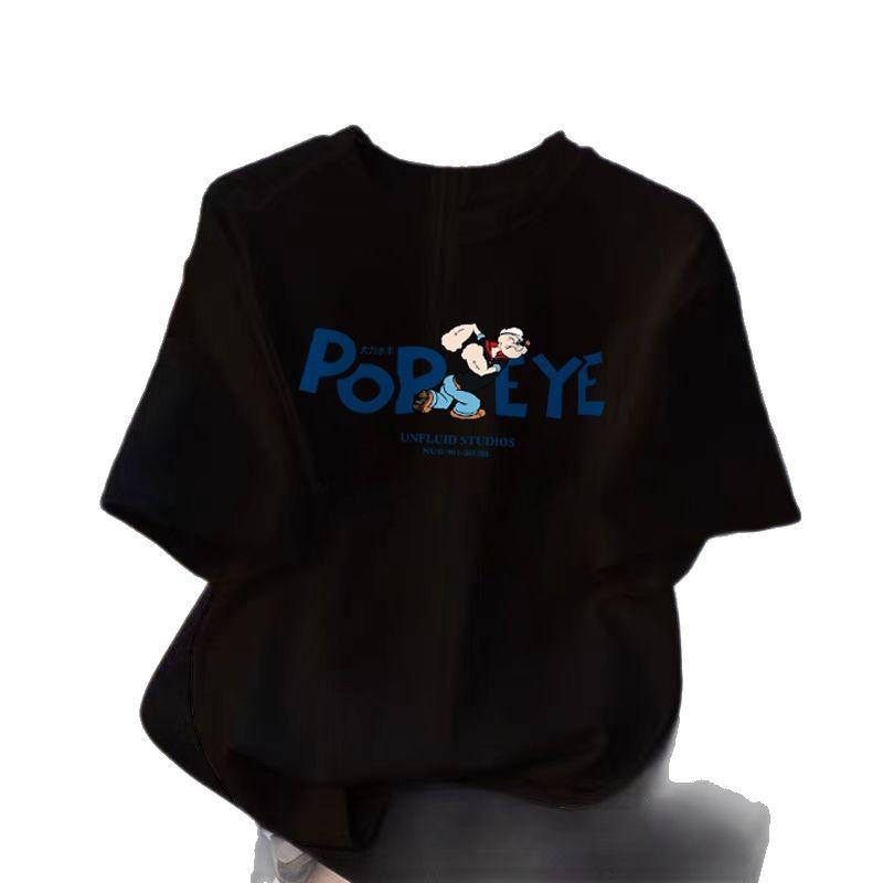 European Black Cotton Short-sleeved T-shirt Women's New Summer Loose Cartoon Printed Front Shoulder T-shirt Top