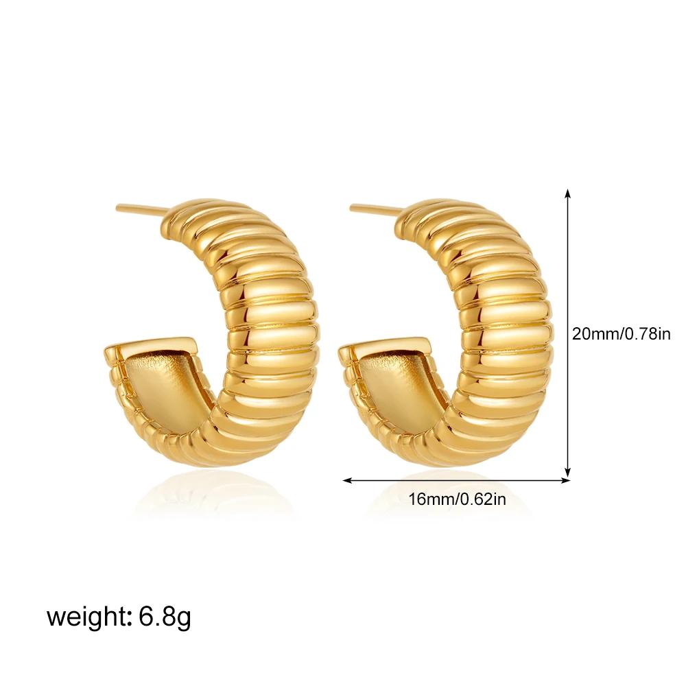 Classics Retro Texture Striped Polished Metal C Shape Huggie Hoop Earrings for Women Stylish Waterproof Stainless Steel Bijoux