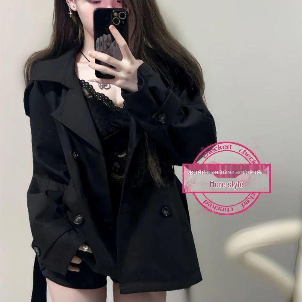 Damski Czarny Dwurzędowy Płaszcz Przejściowy Petite - Styl Jesień/Zima Podkreślający Talię