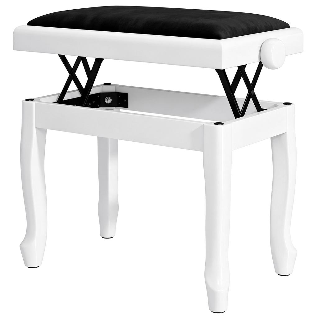 Piano Bench, Height-Adjustable, 45-56 cm, Velvet-Upholstered Seat, White