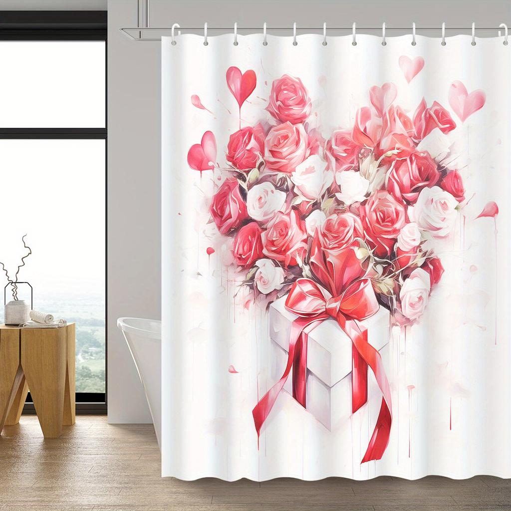 Red Rose Heart Bouquet Shower Curtain with 12 Hooks - Romantic Love Gift, Bathroom Decoration & Home Accessories