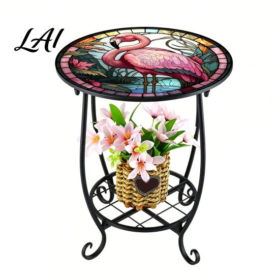 Butterfly Pattern Table Outdoor Side Table Round Small Mosaic Bird Patio Accent Indoor End Plant Coffee Tea for Yard Porch Garden Living Room,