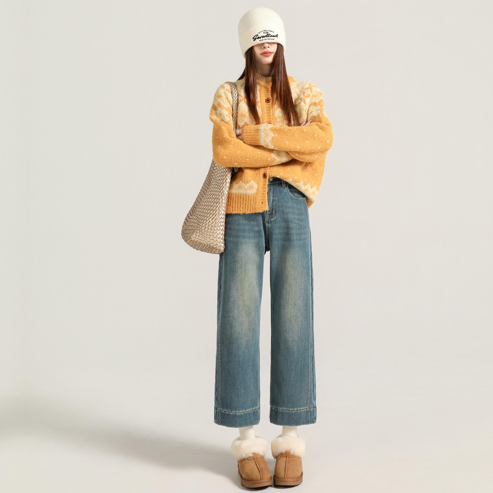 

Autumn/Winter Petite High-Waisted Straight-Leg Jeans: Slimming, Elastic, Loose Fit, Cropped Cigarette Pants for Women S