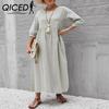 QICED Women's Solid Color Fashion Lantern Sleeve Loose Cotton Linen Pocket Dress
