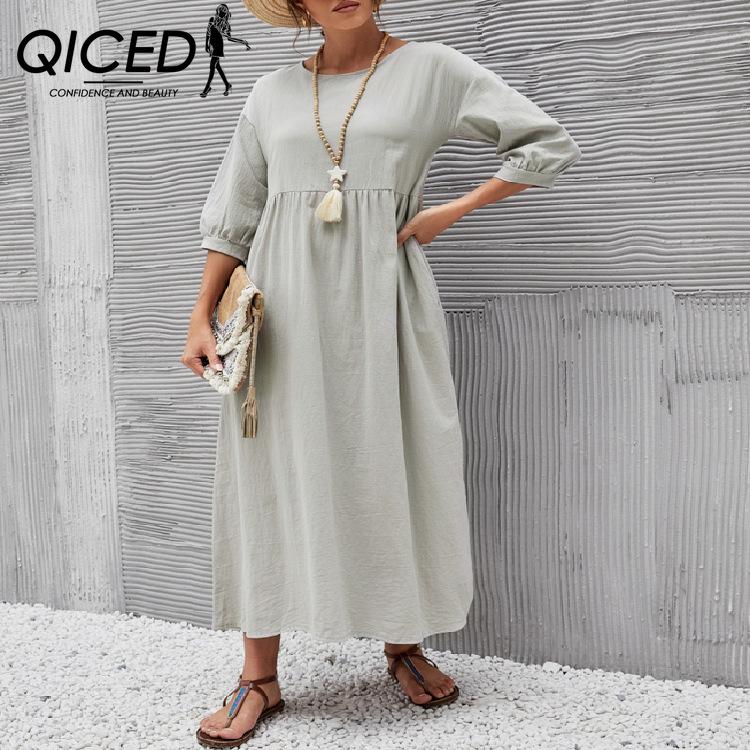 QICED Women's Solid Color Fashion Lantern Sleeve Loose Cotton Linen Pocket Dress