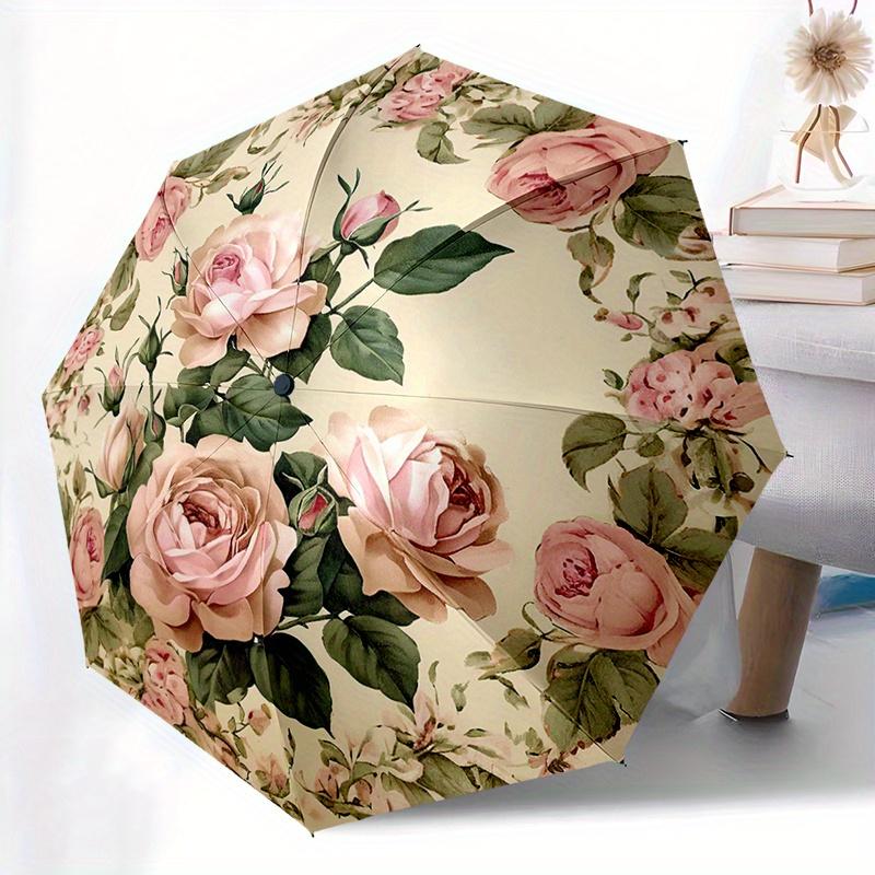 1pc a Vintage-Style Pink Floral Automatic Umbrella Featuring an 8-Rib Design, Ideal for Outdoor Activities And Daily Use. A Gr