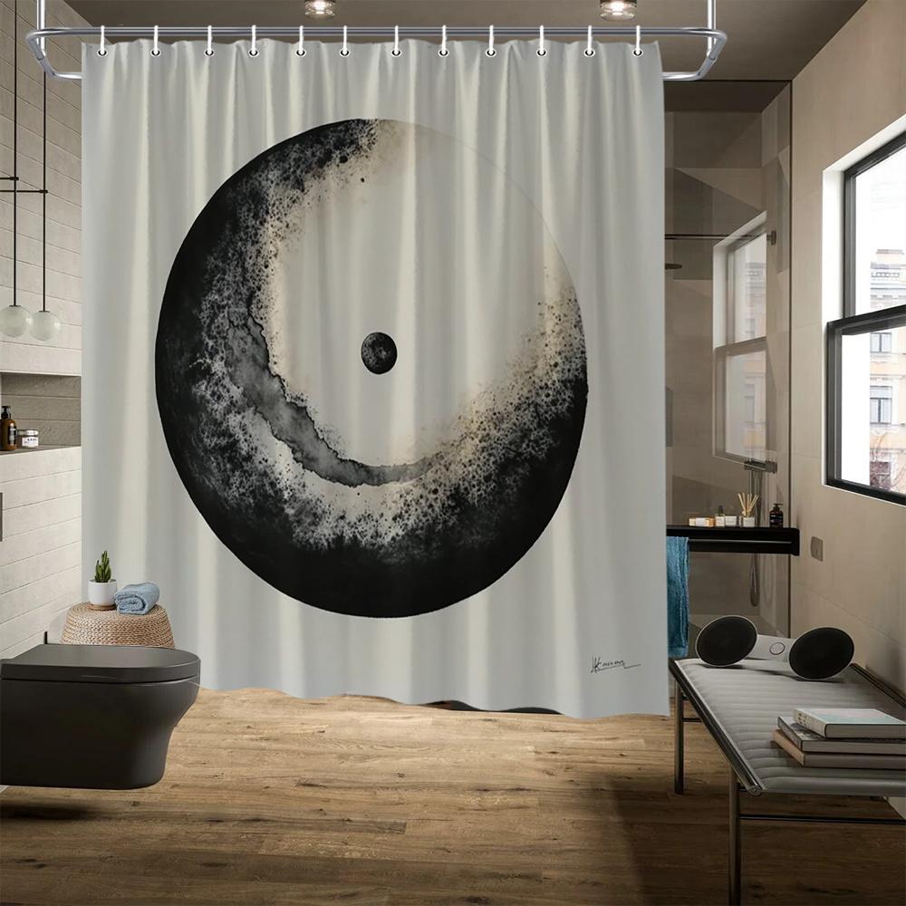 Minimalist Abstract Ink Shower Curtain - Black To White Gradient With Central Dot, Modern Japanese Bath Decor