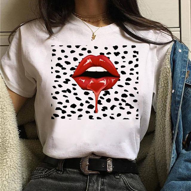 Fruit And Lips Print T Shirt New Fashion Women T Shirt Harajuku Tops Female Graphic Tee Ladies Cute Tee Shirt White Woman T-Shi