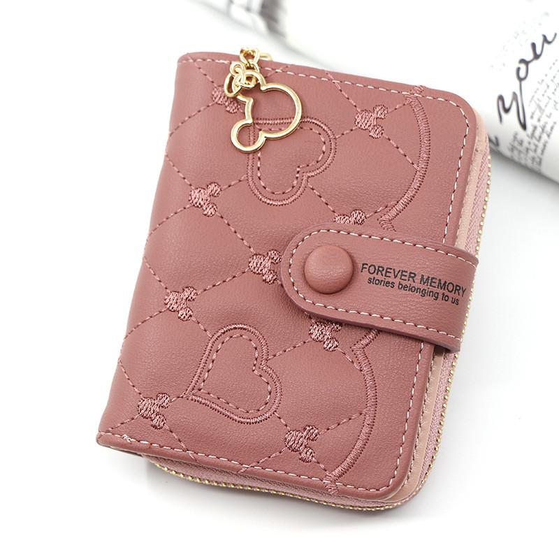 Pu Material Ladies Short Zipper Wallet With Heart Embellishments For Daily Use