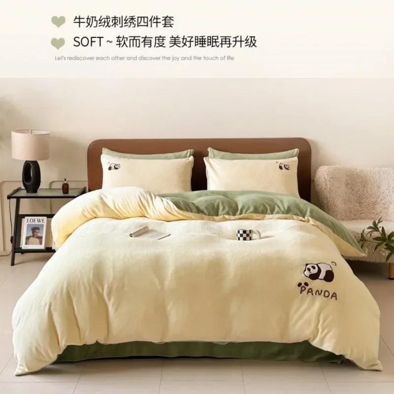 2025 high gram weight thickened warm cute cartoon milk fleece four-piece set embroidered baby fleece double-sided fleece bedding